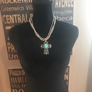 Silver turquoise bead cross necklace